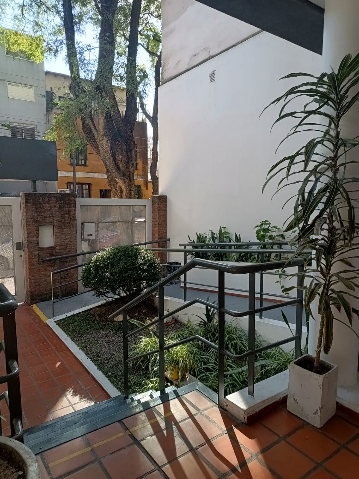 Patio de entrada con jardín y rampa con barandas de la residencia para el adulto mayor
