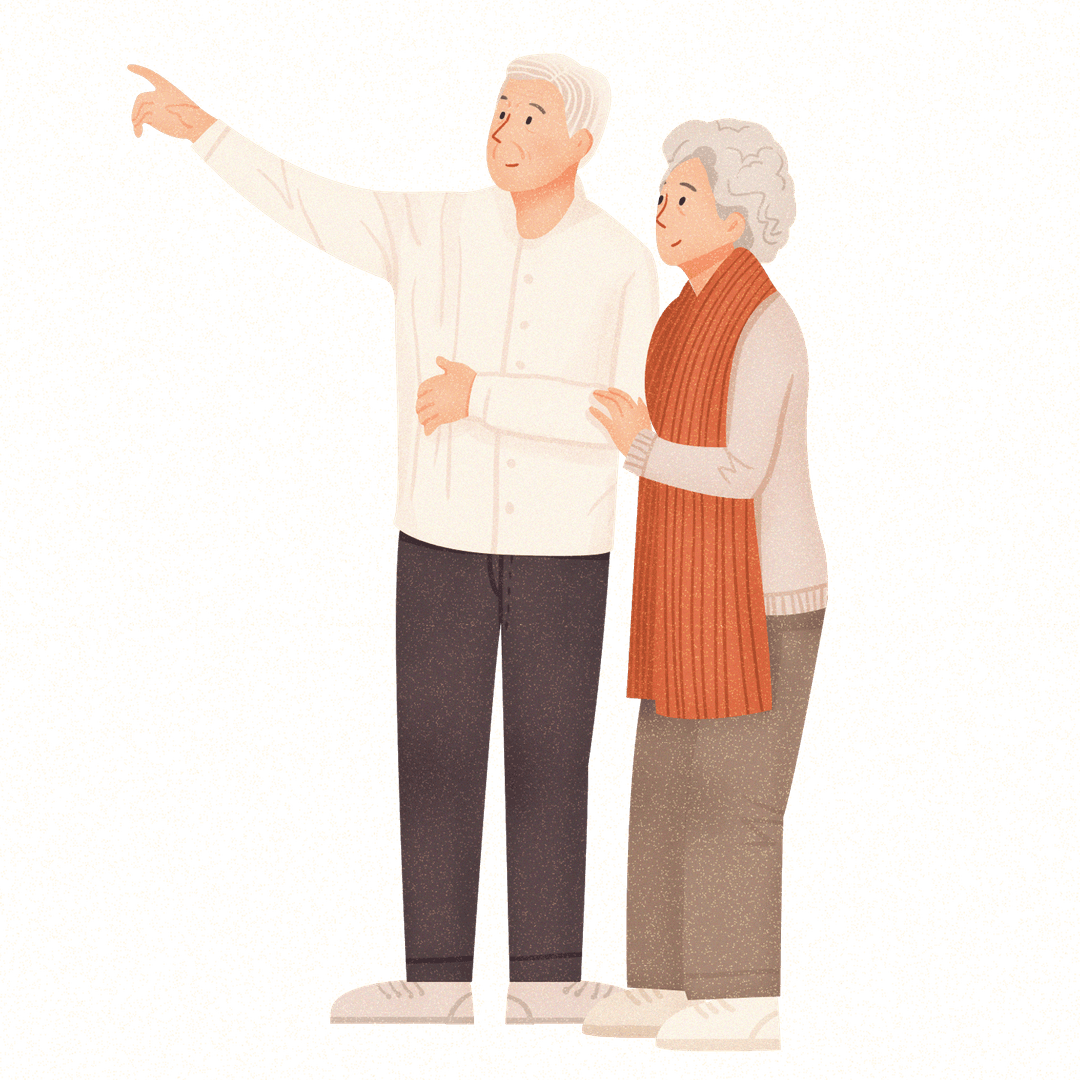 Pareja de adultos mayores sonriendo en residencia geriátrica en Núñez, CABA